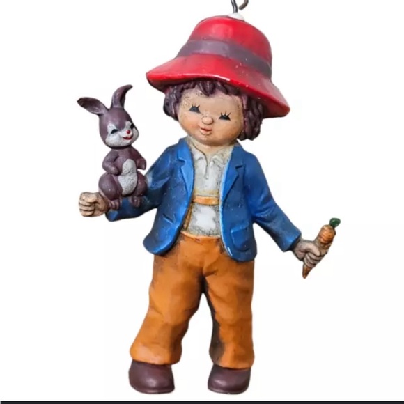 Vintage Bradford Christmas Ornament Hong Kong 80s country kid, rabbit & carrot. - Picture 1 of 8